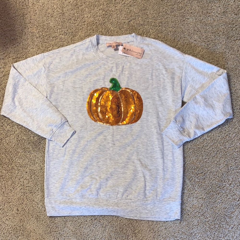NWT Philosophy Womens Light Gray Long Sleeve Sweatshirt with Fall Sequin Pumpkin